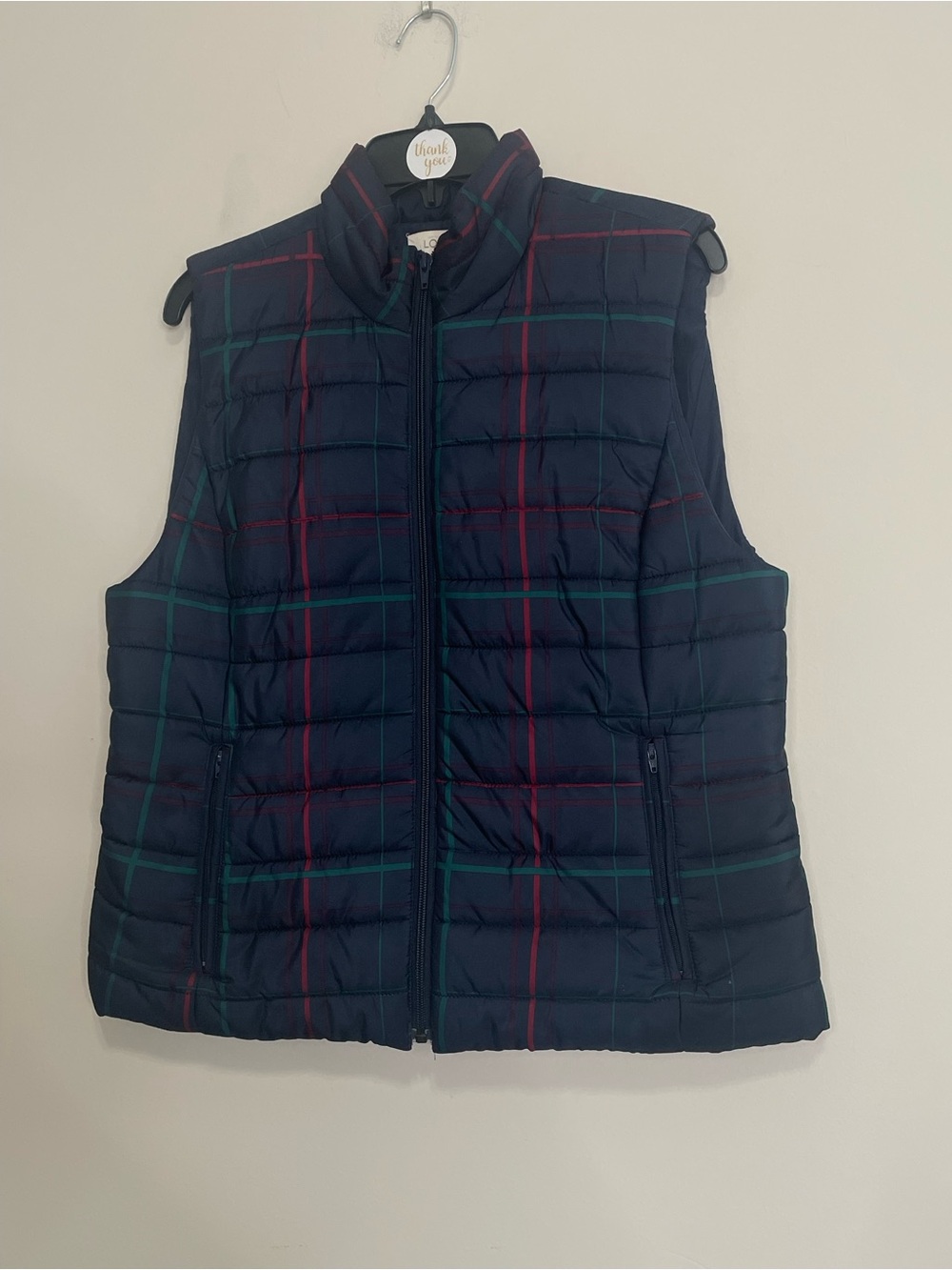 LOFT Navy Quilted Plaid Puffer Vest Size Large Cozy & comfy